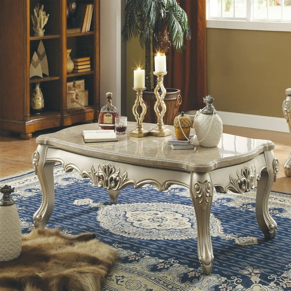 Marble Top Wooden Coffee Table with Queen Anne Style Legs Champagne Gold - Saltoro Sherpi