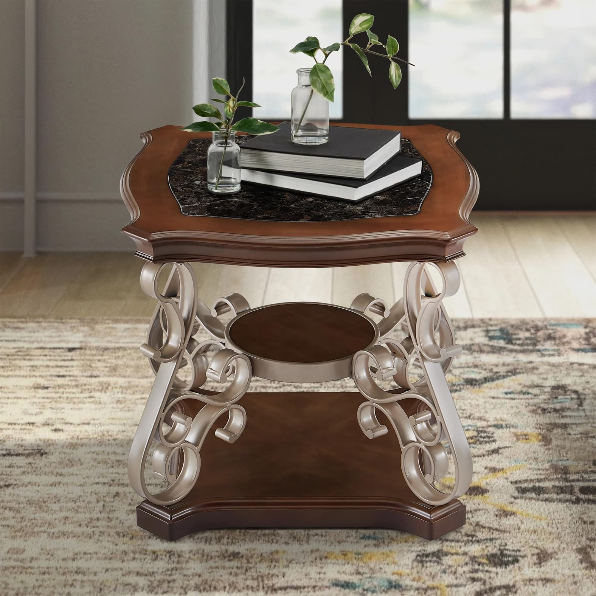Marble Top Wooden End Table with Shelf, Living Room Traditional Square