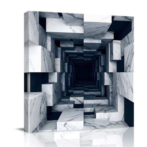 Marble Tunnel Canvas Wall Art for Living Room, Abstract 3D Corridor White Gray Black Cubic Blocks Poster Print Painting for Bedroom Office Home Decoration Wall Pictures Prepare To Hang 16"x16"