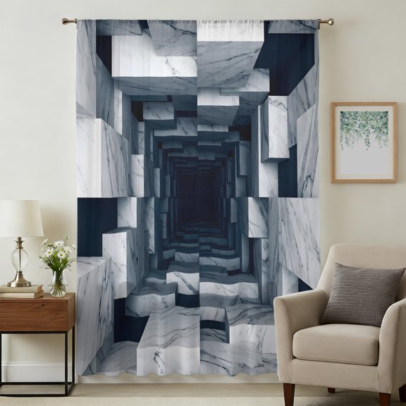 Marble Tunnel Sheer Curtains 45 Inches Long for Bedroom, Modern 3D Corridor Minimalist Light Filtering Privacy Drapes, Breathable Semi Sheer Short Window Treatment for Kitchen Cafe Bathroom