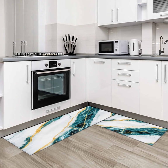 Marble Turquoise 2 Pieces Non-Slip Kitchen Mat Set Gold Foil Ceramic Style Crack Scratch Soft Door Mat with Rubber Backing,Dirtproof Rugs for Entrance Doorway 23.6x35.4in+23.6x70.9in