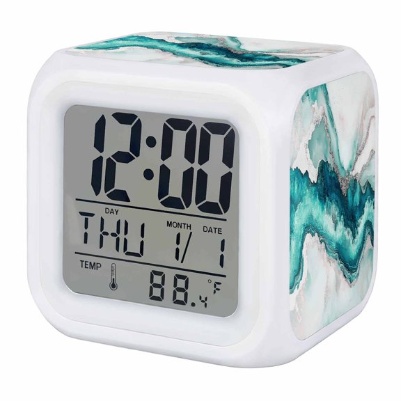 Marble Turquoise Alarm Clock, Modern Abstract Luxury Silver Texture Digital Clock Night Light with 7 Color, Calendar Temperature Display, LED Desk Small Clock for Bedrooms Bedside Living Room