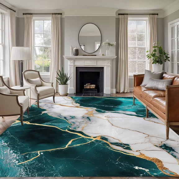 Marble Turquoise Area Rug 6x9 FT, Non Slip Living Room Throw Carpet, Abstract Gold White Brick Stone Motif Washable Soft Large Floor Carpet Non-Shedding Rug for Bedroom Dining Room Play Room