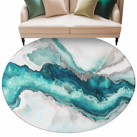 Marble Turquoise Area Rug, Modern Abstract Luxury Silver Texture Washable Large Circle Carpet, Non Slip Round Rug for Living Room/Bedroom/Dining Room/Home Office/Dorm