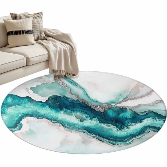 Marble Turquoise Area Rug, Modern Abstract Luxury Silver Texture Washable Large Circle Carpet, Non Slip Round Rug for Living Room/Bedroom/Dining Room/Home Office/Dorm