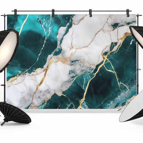 Marble Turquoise Backdrop for Photography,Fabric Photo Background Backdrop,Abstract Gold White Brick Stone Motif Photo Booth Background for Portrait Photoshoot Video Wedding Decoration Banner 7x5ft