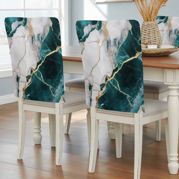 Marble Turquoise Chair Back Covers, Abstract Gold White Brick Stone Motif Removable Chair Covers for Dining Chairs Set of 4, Washable Chairs Slipcovers Back Seat Protector for Wedding Party 19"x20"