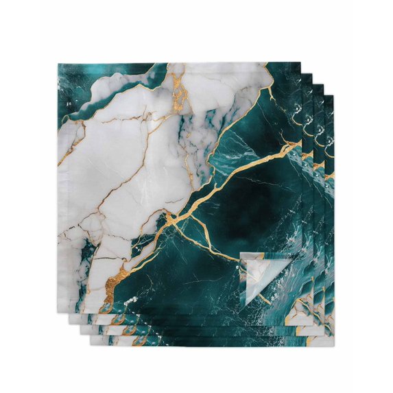 Marble Turquoise Cloth Napkins Set of 4 Reusable Dinner Napkins, Abstract Gold White Brick Stone Motif Cocktail Napkin Washable Table Napkins for Wedding/Holiday Party/Baby Shower 20"x20"