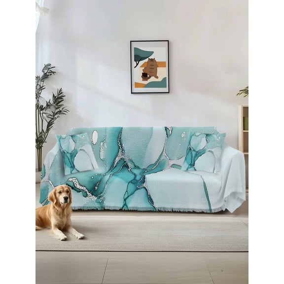 Marble Turquoise Couch Cover Sofa Covers 3 Cushion Sectional Couch, Abstract Nature Cracks Silver Wavy Washable Sofa Covers Slipcover Sectional Sofa Cover, Furniture Protector 71"x150"