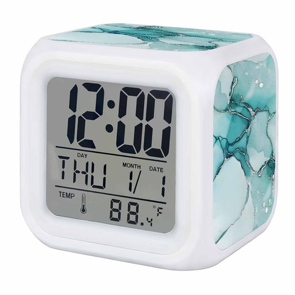 Marble Turquoise Digital Alarm Clock for Bedrooms, Smart LED Alarm Clock with 7 Color Changing Night Light, Abstract Nature Cracks Silver Wavy Silent Wake Up Clocks for Sleep Study Cooking 3.2"x3.2"
