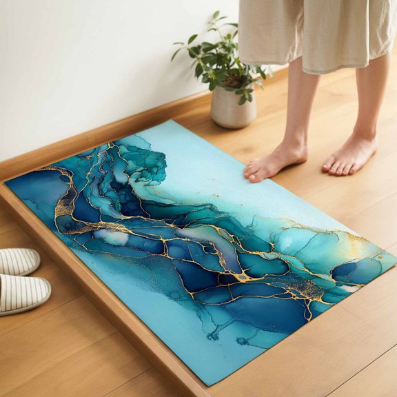 Marble Turquoise Door Mat 18x30 Inch Gradient Gold Marbling Modern Art Entryway Rug with Non-Slip Rubber, Inside Floor Mats Front Door Rug for Living Room Bathroom Bedroom Home Office