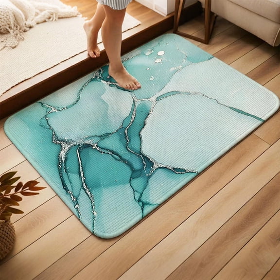 Marble Turquoise Doormat Bathroom Rugs, Non Slip Entrance Front Back Floor Rug, Abstract Nature Cracks Silver Wavy Absorbent Washable Welcome Rug Indoor Outdoor Low Profile Door Mat 19.7x31.5 Inches