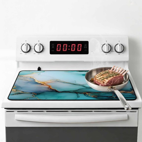 Marble Turquoise Gold Stove Top Cover for Electric Stove, Heat-proof & Non Slip Glass Top Stove Cover Protector, Abstract Simple Geometric Kitchen Flat Cooktop Rubber Mat 28.5x20.5 Inches
