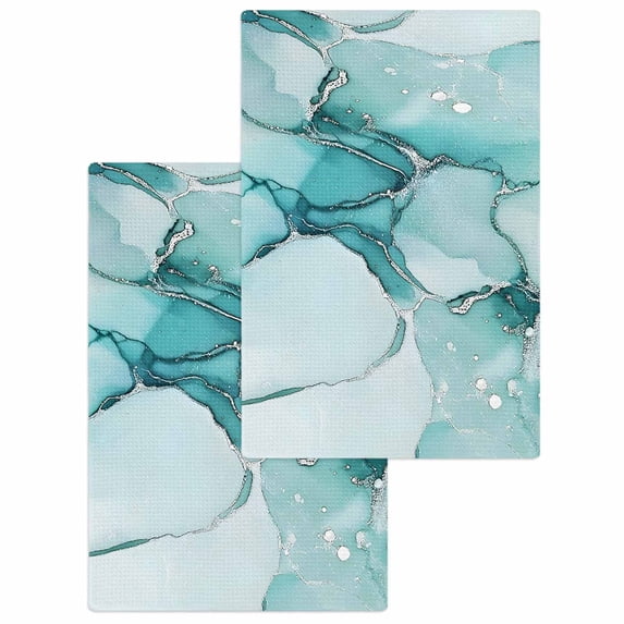 Marble Turquoise Kitchen Dish Towels for Drying Dishes Set of 2, Abstract Nature Cracks Silver Wavy Waffle Weave Microfiber Hand Tea Bathroom Towels Quick Dry & Absorbent Towel 15.7x23.6