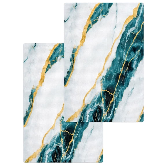 Marble Turquoise Kitchen Dish Towels for Drying Dishes Set of 2, Gold Foil Ceramic Style Crack Scratch Waffle Weave Microfiber Hand Tea Bathroom Towels Quick Dry & Absorbent Towel 15.7x23.6