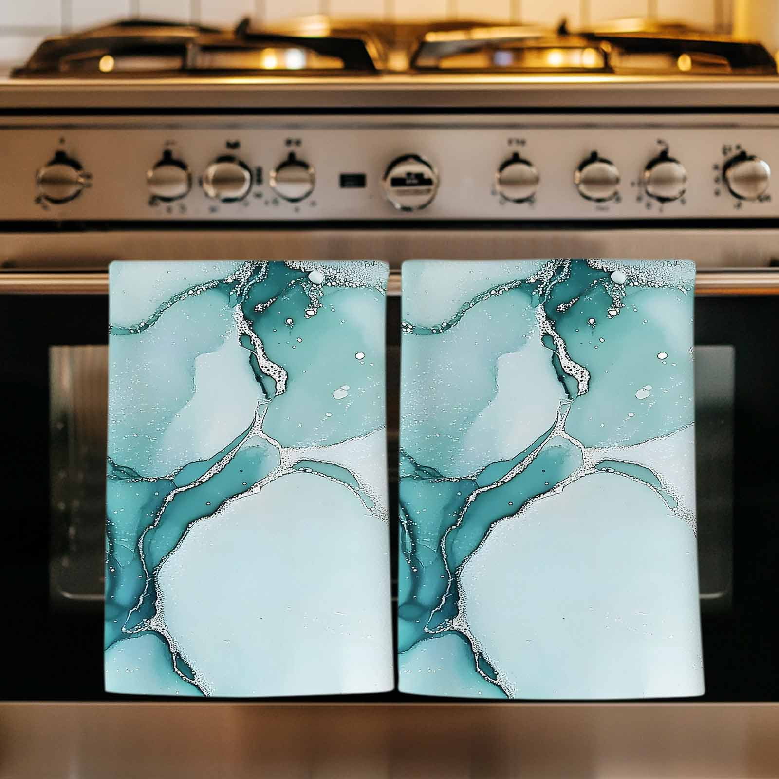 Marble Turquoise Kitchen Towels Set of 2, Abstract Nature Cracks Silver Wavy Absorbent Dish Towels for Kitchen, Microfiber Hand Towel, Quick Drying Tea Towel for Cleaning Decorative Dishcloths