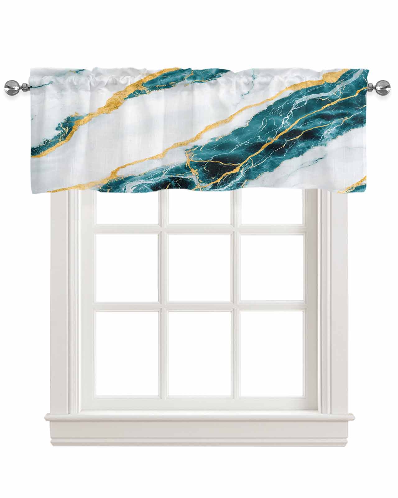 Marble Turquoise Kitchen Valances for Windows Farmhouse Linen Window Valance Curtain for Living Room Window Treatment Gold Foil Ceramic Style Crack Scratch Valance Rod Pocket Topper, 60 x 18 Inch