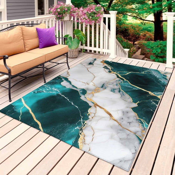 Marble Turquoise Outdoor Rug for Patio/Deck/Porch, Non-Slip Large Area Rug 5 x 7 Ft, Abstract Gold White Brick Stone Motif Indoor Outdoor Rugs Washable Area Rugs, Reversible Camping Rug Carpet Runner