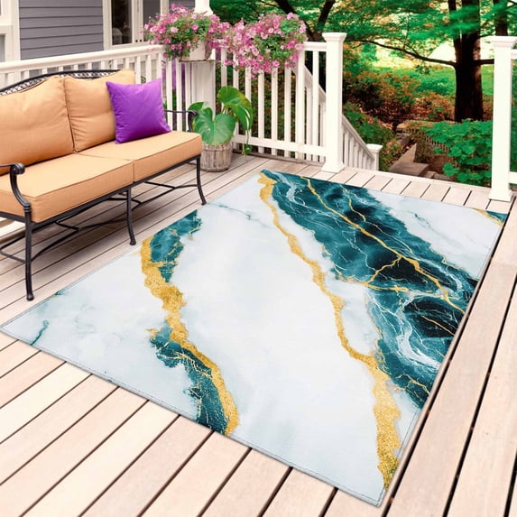 Marble Turquoise Outdoor Rug for Patio/Deck/Porch, Non-Slip Large Area Rug 6 x 9 Ft, Gold Foil Ceramic Style Crack Scratch Indoor Outdoor Rugs Washable Area Rugs, Reversible Camping Rug Carpet Runner