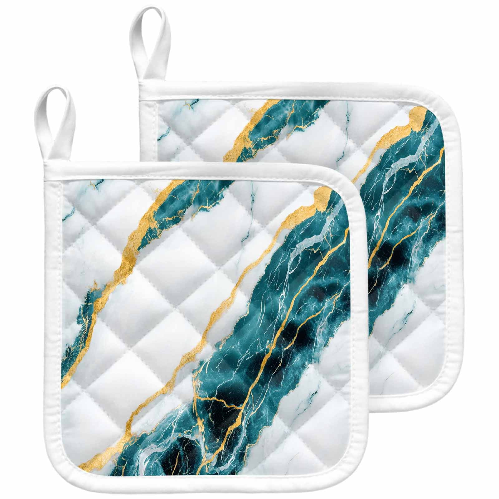 Marble Turquoise Pot Holders for Kitchen Heatproof Potholder, 2 Pack Gold Foil Ceramic Style Crack Scratch Hot Pads Multipurpose Oven Pads Cloth Potholders Trivet for Cooking and Baking