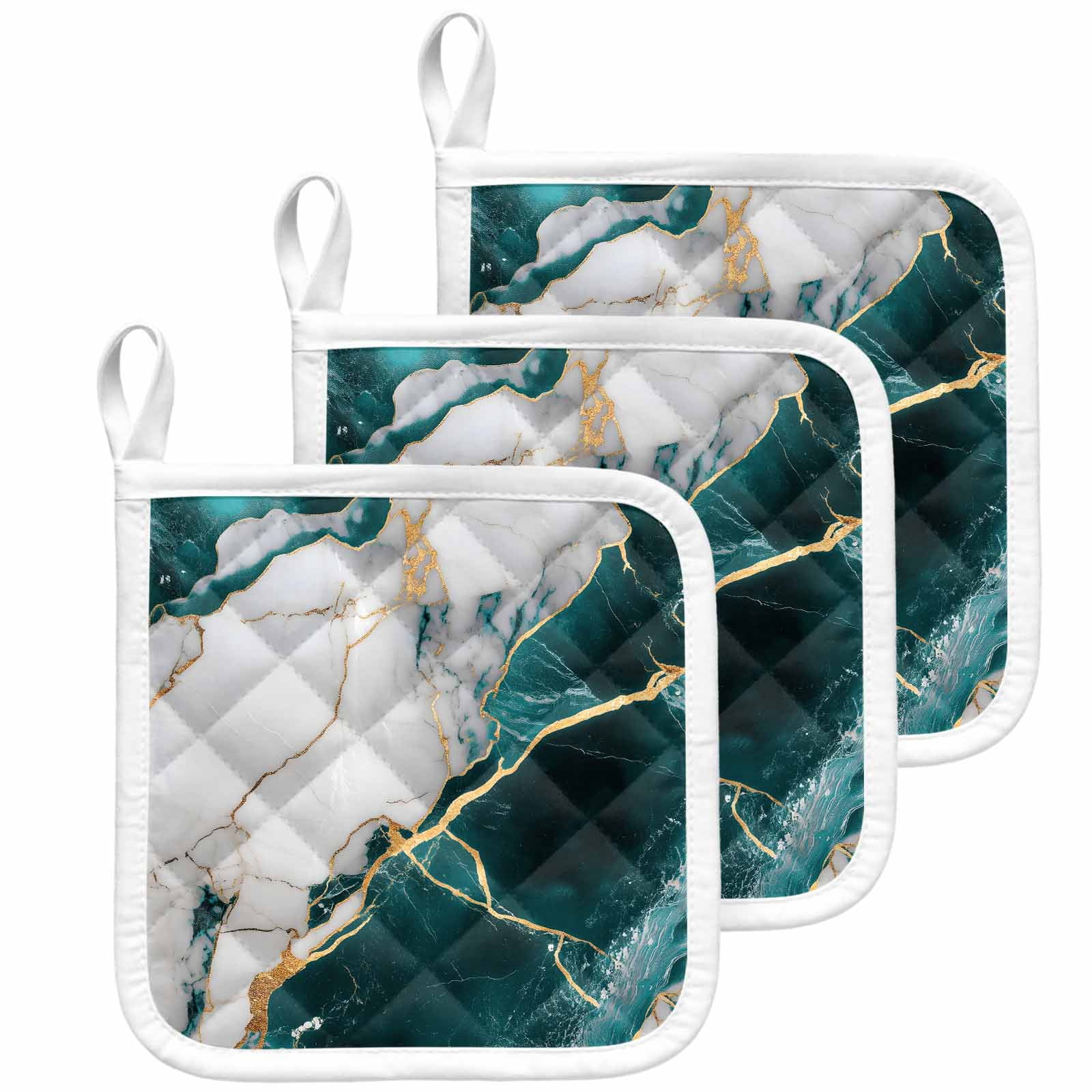 Marble Turquoise Pot Holders for Kitchen Heatproof Potholder, 3 Pack Abstract Gold White Brick Stone Motif Hot Pads Multipurpose Oven Pads Cloth Potholders Trivet for Cooking Baking
