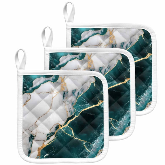 Marble Turquoise Pot Holders for Kitchen Heatproof Potholder, 3 Pack Abstract Gold White Brick Stone Motif Hot Pads Multipurpose Oven Pads Cloth Potholders Trivet for Cooking Baking