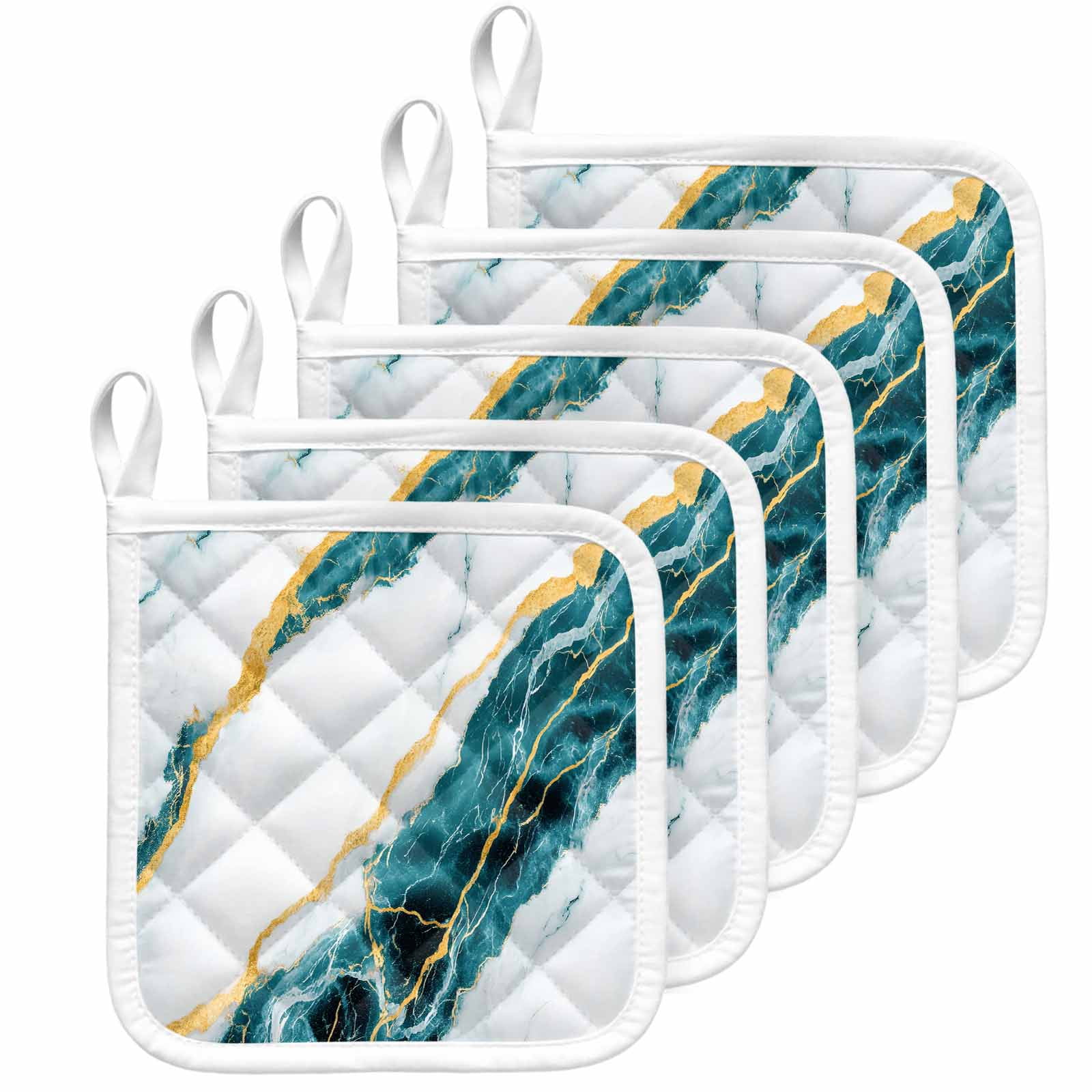 Marble Turquoise Pot Holders for Kitchen Heatproof Potholder, 5 Pack Gold Foil Ceramic Style Crack Scratch Hot Pads Multipurpose Oven Pads Cloth Potholders Trivet for Cooking Baking