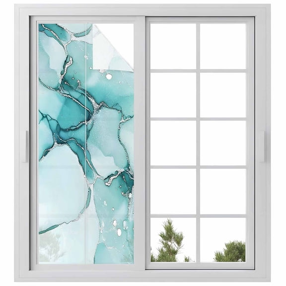 Marble Turquoise Privacy Window Film, Decorative Frosted Glass Window Film, Abstract Nature Cracks Silver Wavy Reusable Peel and Stick Static Cling for Home Bathroom Office Glass Door 23.6"x59"