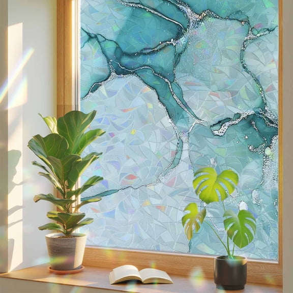 Marble Turquoise Privacy Window Film, Decorative Stained Glass Window Film, Abstract Nature Cracks Silver Wavy Resuable Rainbow Static Cling for Home Bathroom Living Room Glass Door 17.7"x39.3"