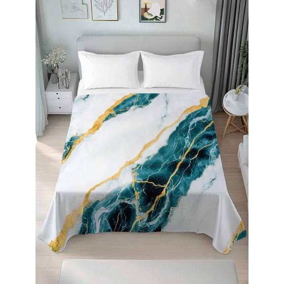 Marble Turquoise Queen Size Flat Sheet, Wrinkleproof & Fadeproof Cooling Flat Bed Sheet Only, Gold Foil Ceramic Style Crack Scratch Breathable Soft Bedding Top Sheets 90 x 102 Inches