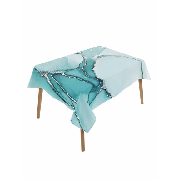 Marble Turquoise Rectangle Tablecloth, Abstract Nature Cracks Silver Wavy Waterproof & StainResistant Tablecloth, Washable Oil-proof Table Cover for Dining/Party/Wedding/Camping/Buffet 52x70 In