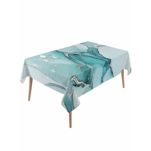 Marble Turquoise Rectangle Tablecloth, Abstract Nature Cracks Silver Wavy Waterproof & StainResistant Tablecloth, Washable Oil-proof Table Cover for Dining/Party/Wedding/Camping/Buffet 60x120 In