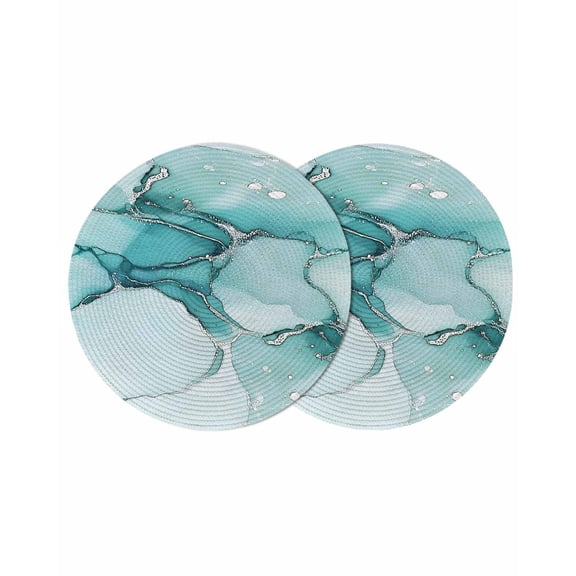 Marble Turquoise Round 15 Inch Placemats Set of 2, Abstract Nature Cracks Silver Wavy HeatResistant Non Slip Place Mats for Dining Table, Wipeable Braided Kitchen Table Mats for Housewarming