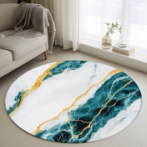 Marble Turquoise Round Area Rug 3.3 FT, Non Slip Small Entryway Kitchen Mat, Gold Foil Ceramic Style Crack Scratch Washable Soft Circular Rug Non-Shedding Door Mat for Bathroom Playroom Kids Room