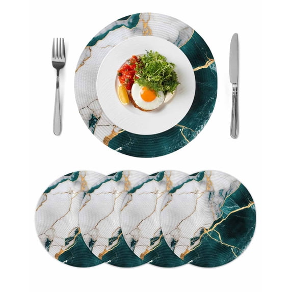 Marble Turquoise Round Placemats Set of 4 for Dinning Tables,Heat-proof Braided Table Mats 15 Inch,Abstract Gold White Brick Stone Motif Washable Place Mat for Kitchen Restaurant Party Table Decor