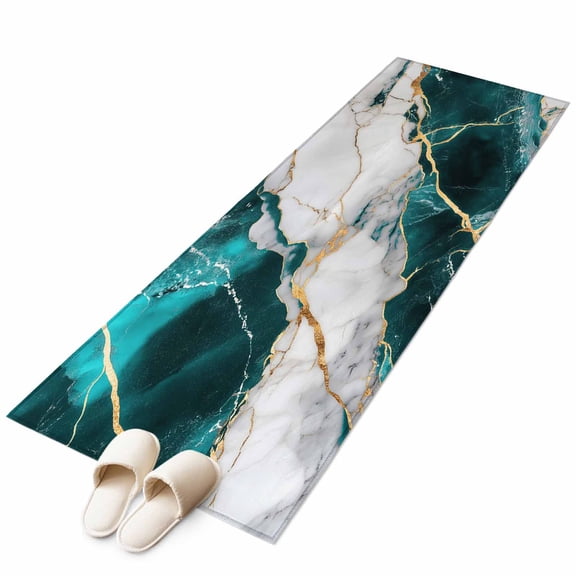Marble Turquoise Runner Rug 2x6 FT, Non Slip Hallway Carpet, Abstract Gold White Brick Stone Motif Washable Soft Floor Carpet Throw Runner Carpet Long Rug for Entryway Kitchen Bedside Sliding Door
