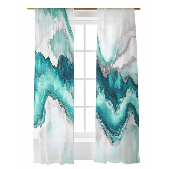 Marble Turquoise Sheer Curtains 2 Panels Set Modern Abstract Luxury Silver Texture Lihgt Filtering Rod Pocket Voile Drape, Semi Sheer Window Curtains for Bedroom Living Room, 52"x96"