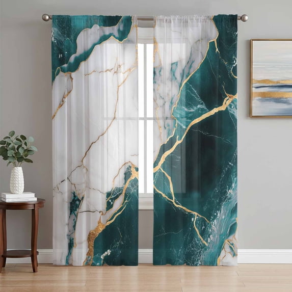 Marble Turquoise Sheer Curtains 96 Inch Length 2 Panels Set, Abstract Gold White Brick Stone Motif Voile Window Treatment Semi Sheer Long Curtains Drapes for Bedroom/Living Room/Kitchen 52"x96"x2