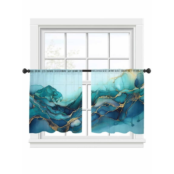 Marble Turquoise Sheer Curtains for Living Room Bedroom, Light-filtering Sheer Curtain, Gradient Gold Marbling Modern Art LigRod Pocket Voile Window Treatment Drapes, 52’’Wx54’’L, 2 Panels Set