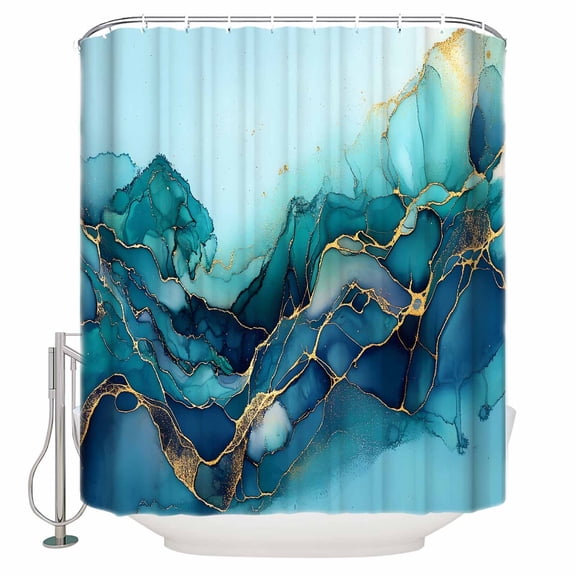 Marble Turquoise Shower Curtain Set ，Waterproof Fabric Shower Curtains Gradient Gold Marbling Modern Art Shower Curtains for Bathroom,Bathroom Decor 72"x72"