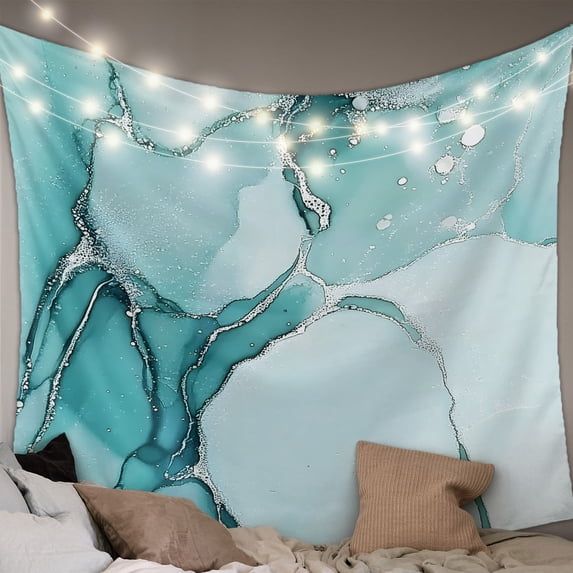 Marble Turquoise Small Tapestry for Bedroom Wall Hanging Tapestry, Abstract Nature Cracks Silver Wavy Ceiling Backdrop Tapestries Poster Blanket Wall Decor for Teens Room Living Room Dorm 23" x 28"