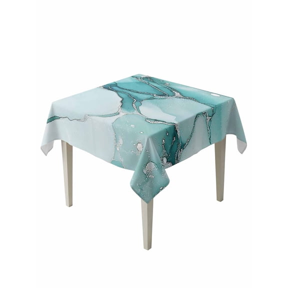 Marble Turquoise Table Cloth, Abstract Nature Cracks Silver Wavy Waterproof Tablecloth for Square Tables, Reusable Washable Fabric Table Cover for Restaurant Kitchen Dining Tables 60"x60"