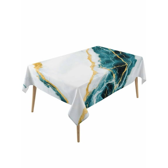 Marble Turquoise Table Cloth, Gold Foil Ceramic Style Crack Scratch Waterproof Tablecloth for Rectangle Tables, Reusable Washable Fabric Table Cover for Restaurant Kitchen Dining Tables 54"x108"