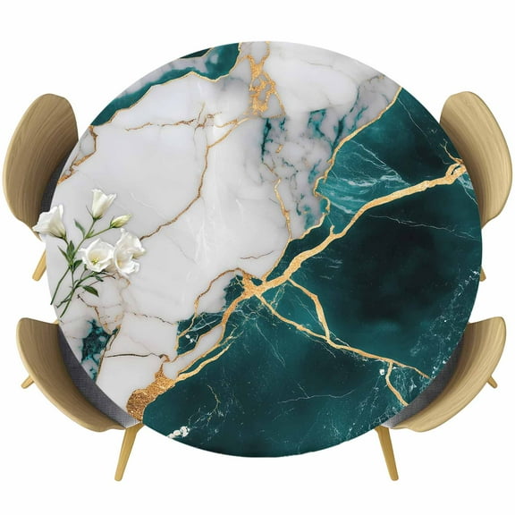 Marble Turquoise Table Cloth, Round Fitted Tablecloths with Elastic Edge, Abstract Gold White Brick Stone Motif Wipeable Waterproof Table Cover for Kitchen Wedding 55-60 Inches