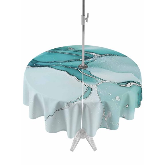 Marble Turquoise Table Cloth Round Tablecloth, Abstract Nature Cracks Silver Wavy Waterproof Wrinkleproof Table Cover with Umbrella Hole and Zipper for Party/Dining/Patio/Wedding 54 Inch