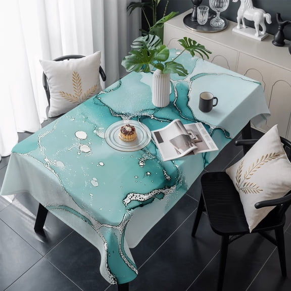 Marble Turquoise Table Cloth Waterproof Tablecloths, Abstract Nature Cracks Silver Wavy Tablecloth Dining Table Cover for Kitchen Party Tabletop Outdoor, Rectangle Tablecloth 60x120 Inch