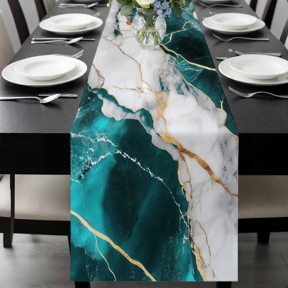 Marble Turquoise Table Runner 36 Inches Long, Abstract Gold White Brick Stone Motif Kitchen Coffee Dining Table Decoration for Home Party Birthday Wedding Home Decor 13x36 Inches