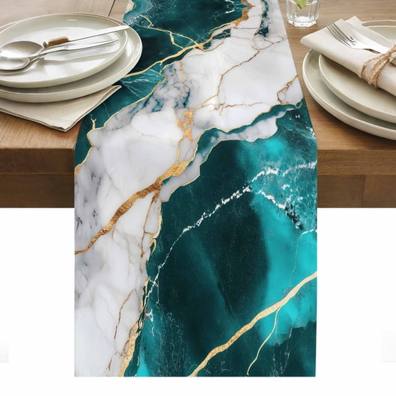 Marble Turquoise Table Runner - 60 Inch Long, Kitchen Dining Table Runner Dresser Scarves, Abstract Gold White Brick Stone Motif Farmhouse Decor for Coffee Tables Wedding Party Banquet