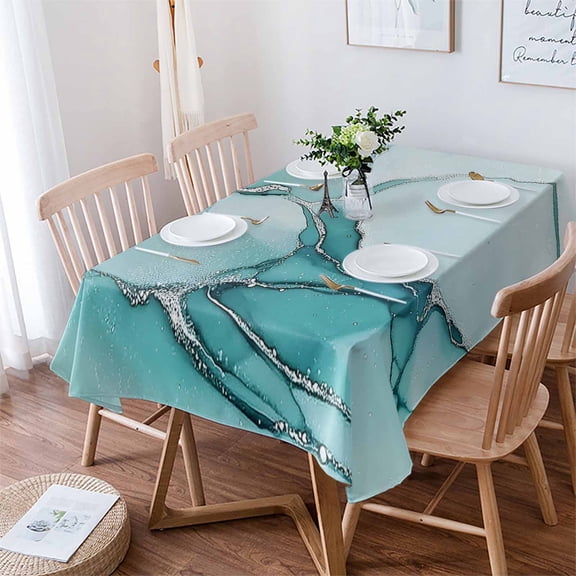 Marble Turquoise Tablecloth Rectangle Table Cloth 52x70 , Waterproof Tablecloth Outdoor Table Cloth, Abstract Nature Cracks Silver Wavy Washable Table Cover for Kitchen Dining Party