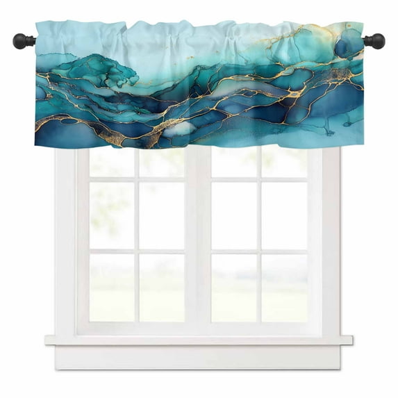 Marble Turquoise Valances for Windows Gradient Gold Marbling Modern Art Rod Pocket Curtain Valance Window Treatment Short Curtains for Kitchen Living Room, 58"x16"